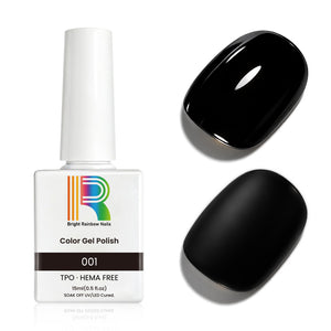 Carbon black gel nail polish in a sleek bottle and two glossy black swatches, showcasing high-gloss finish.