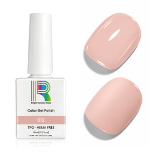Peach pink gel nail polish bottle with swatches, 15ml TPO and HEMA free formula for long-lasting manicures.