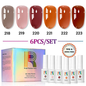 Autumn peach jelly sheer nail polish set featuring 6 colors from Glazed Maple collection by Bright Rainbow Nails.