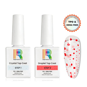 Red Droplet Top Coat Set featuring Crystal and Droplet Top Coats, TPO & HEMA Free, 15ml bottles and nail art.