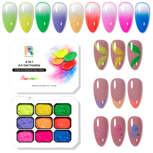 Summer nail art gel palette showcasing vibrant neon colors and nail designs for ombre, stamping, painting, and emboss techniques.