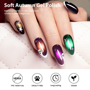 Soft Autumn Gel Polish featuring elegant dual cat eye gel polish nails with a Morandi earth-tone collection.