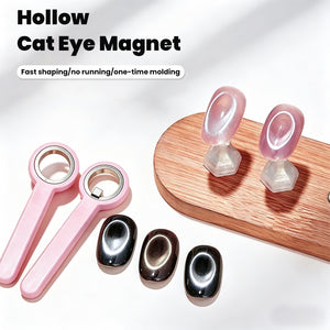 Upgraded hollow cat eye nail art tool set with pink handles, magnetic heads, and cat eye nails on wooden display.