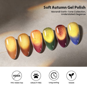 Soft Autumn Gel Polish featuring the Morandi Earth-Tone Collection, a perfect cat eye gel polish set for understated elegance.