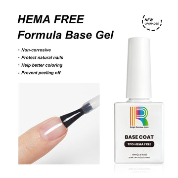 HEMA Free formula base gel application on natural nail showing non-corrosive protection, better coloring, prevents peeling with product features | HEMA Free