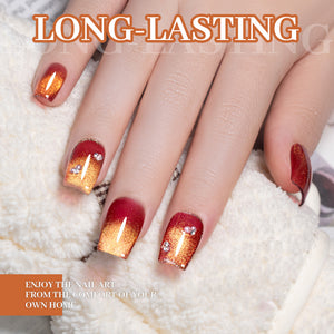 Golden Sands Cat Eye Gel Polish Set showcased on beautifully manicured nails in festive jewel tones with gold shimmer.