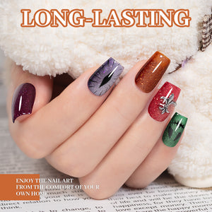 Jewel Veil cat eye gel polish set holiday colors with multi-dimensional shimmer, showcasing purple, orange, red, and green shades.