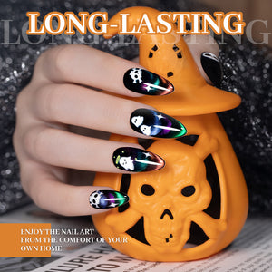 Long-lasting dual cat eye gel polish nails featuring ghostly designs on a skeleton-shaped holder.
