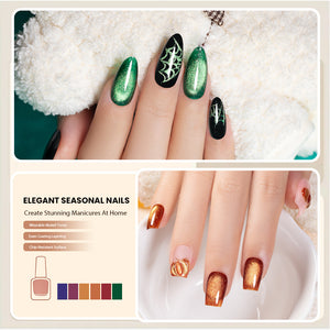 Elegant seasonal nail designs featuring cat eye gel polish set holiday colors with intricate Halloween motifs.