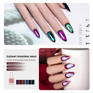 A manicure showcasing dual cat eye gel polish in vibrant colors with unique designs, perfect for seasonal nail art.