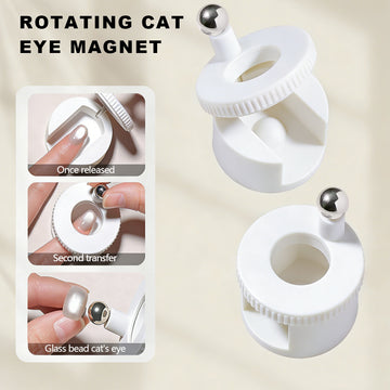 Rotating cat's eye magnet demonstration with three-step process - once released showing finger placement, second transfer showing rotation adjustment, and glass bead cat's eye final result on white rotating magnetic tool