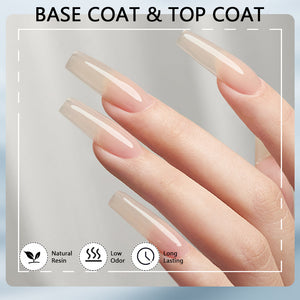 Gel Nail Base & Top Coat Duo applied on long nails with beautiful finish, showcasing healthy nail protection.