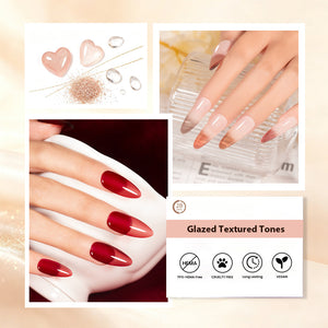 autumn peach jelly sheer nail polish set showcasing Glazed Maple colors and textures in an aesthetically pleasing layout.