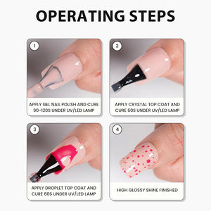 Operating steps for Red Droplet Top Coat Set demonstrating application process for nail art.