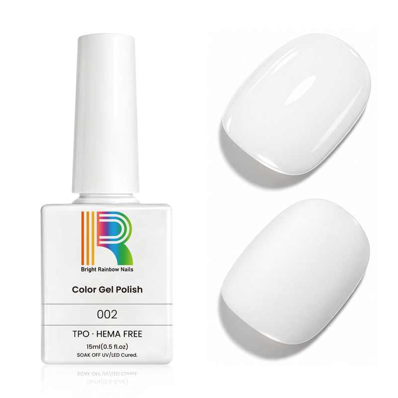 Titanium white gel nail polish in a 15ml bottle with a glossy finish and swatches on the side.