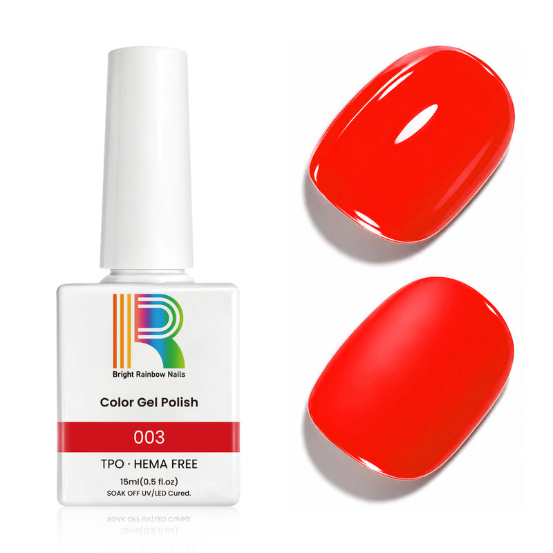 Vibrant red gel nail polish in 15ml bottle, displaying glossy finish and swatches on nails