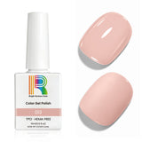 Peach pink gel nail polish bottle with swatches, 15ml TPO and HEMA free formula for long-lasting manicures.