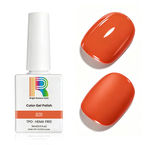 Coral orange gel nail polish 15ml bottle, TPO & HEMA free, with two swatches showing shiny coral color.