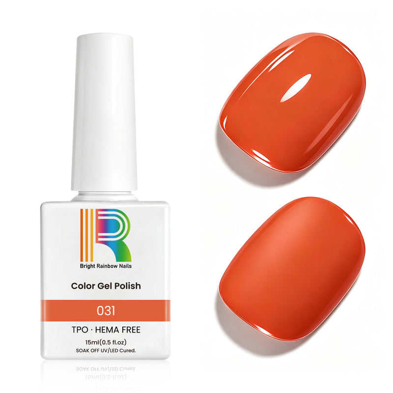 Coral orange gel nail polish 15ml bottle, TPO & HEMA free, with two swatches showing shiny coral color.