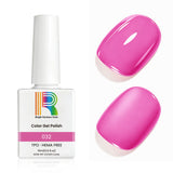 Fuchsia pink gel nail polish bottle and swatches, 15ml, TPO and HEMA free, ideal for manicures and nail art.