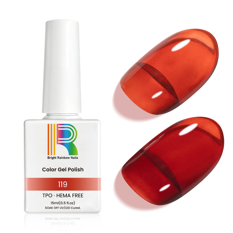 Amber Red Jelly Gel Nail Polish 15ml #119, TPO & HEMA Free with translucent glossy finish and color swatch.