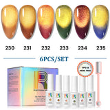 Golden Sands Cat Eye Gel Polish Set showcasing 6 festive jewel tones with gold shimmer magnetic gel in 7.5ml bottles