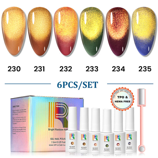 Golden Sands Cat Eye Gel Polish Set - 6 Festive Jewel Tones with Gold Shimmer Magnetic Gel TPO HEMA Free 7.5ml