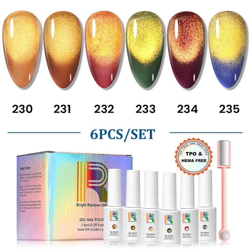 Golden Sands Cat Eye Gel Polish Set showcasing 6 festive jewel tones with gold shimmer magnetic gel in 7.5ml bottles