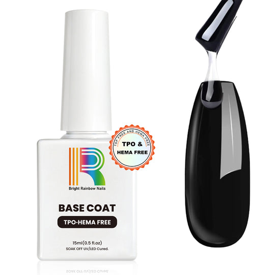 TPO HEMA Free Base Coat bottle with brush applicator showing clear gel formula and Bright Rainbow Nails branding, 15ml UV LED soak-off gel polish | TPO HEMA Free