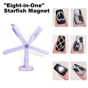 8-in-1 Starfish Cat's Eye Magnet Nail Tool showing purple starfish-shaped magnetic wand with 8 interchangeable tips and 6 different cat eye nail art effect examples including glass pearl, gradient, cross, flower, four leaf clover and lattice patterns on black gel polish
