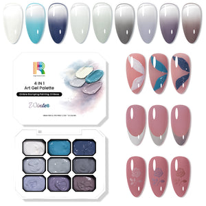 Winter Art Gel Palette showcasing 9 cool color tones for ombre, stamping, painting, and emboss techniques.