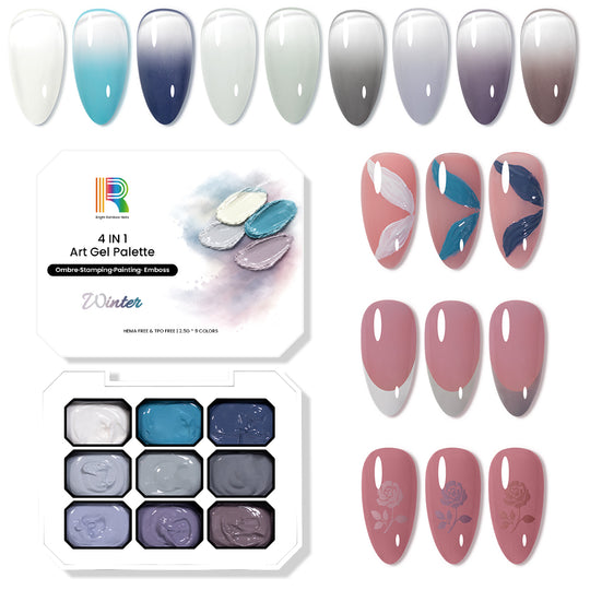 Winter Collection 4-in-1 Art Gel Palette - 9 Cool Tones for Ombre Stamping Painting Emboss TPO HEMA Free 2.5g
