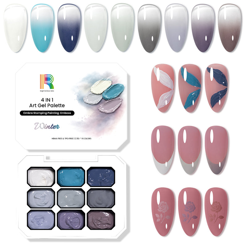 Winter Art Gel Palette showcasing 9 cool color tones for ombre, stamping, painting, and emboss techniques.