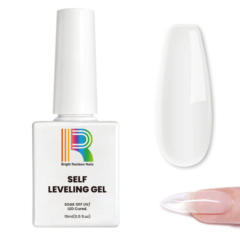 Self Leveling Gel bottle with Bright Rainbow Nails branding showing clear builder gel formula, 15ml UV LED soak-off gel polish for nail extensions