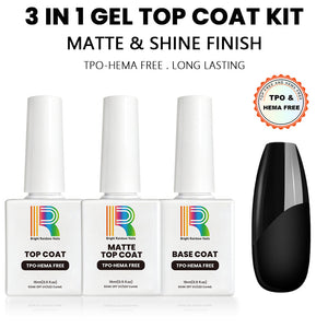 3-in-1 gel top coat kit featuring glossy and matte finishes, TPO-HEMA free, salon-quality manicure at home.