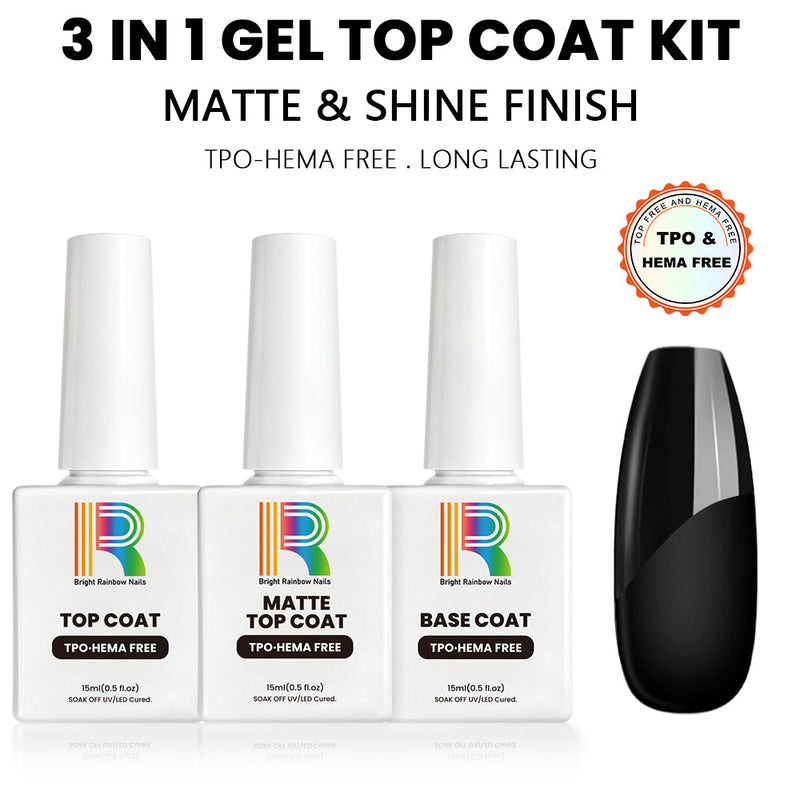 3-in-1 gel top coat kit featuring glossy and matte finishes, TPO-HEMA free, salon-quality manicure at home.