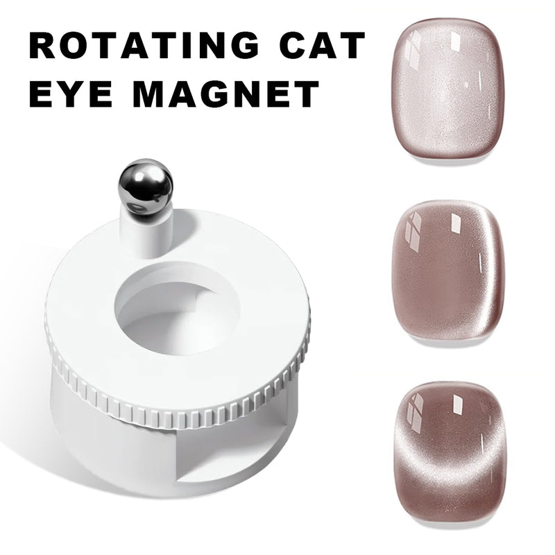 Rotating cat's eye magnet nail tool with white cylindrical body, silver magnetic ball top, and three nail examples showing gradient cat eye effects in light pink, mauve, and brown shades on natural nails
