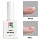 Fiber Base Gel bottle with Bright Rainbow Nails branding showing before and after nail repair results, 15ml UV LED soak-off gel polish
