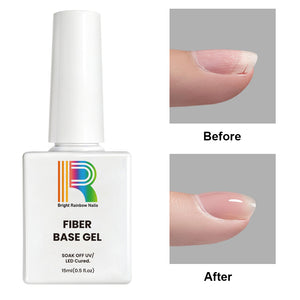Fiber Base Gel bottle with Bright Rainbow Nails branding showing before and after nail repair results, 15ml UV LED soak-off gel polish
