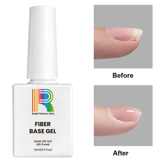 Fiber Base Gel bottle with Bright Rainbow Nails branding showing before and after nail repair results, 15ml UV LED soak-off gel polish
