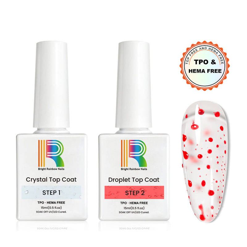 Red Droplet Top Coat Set featuring Crystal and Droplet Top Coats, TPO & HEMA Free, 15ml bottles and nail art.