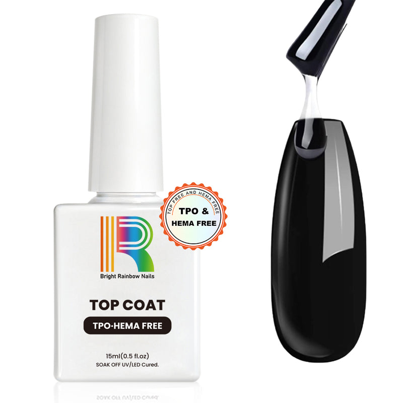 TPO HEMA Free Top Coat bottle with brush showing clear high-gloss gel formula and Bright Rainbow Nails branding, 15ml no-wipe UV LED soak-off gel polish 
