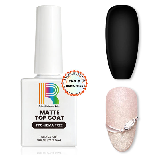 TPO HEMA Free Matte Top Coat bottle with Bright Rainbow Nails branding showing white bottle and velvet matte finish, 15ml UV LED soak-off gel polish | TPO HEMA Free