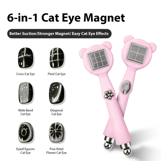 6-in-1 Bear Cat Eye Magnet showing 6 cat eye styles - cross plaid wide band diagonal eyeaf five-petal