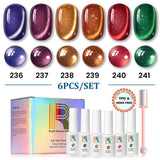 Jewel Veil Cat Eye Gel Polish Set with 6 holiday colors, opal flakes, and magnetic effect, HEMA free, 7.5ml.