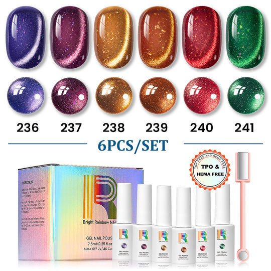 Jewel Veil Cat Eye Gel Polish Set 6 Holiday Colors Opal Flakes Magnetic HEMA Free 7.5ml