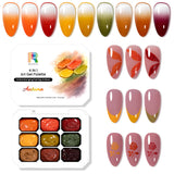 Autumn gel palette for nail art featuring 9 warm tones and four techniques in a sleek compact design.