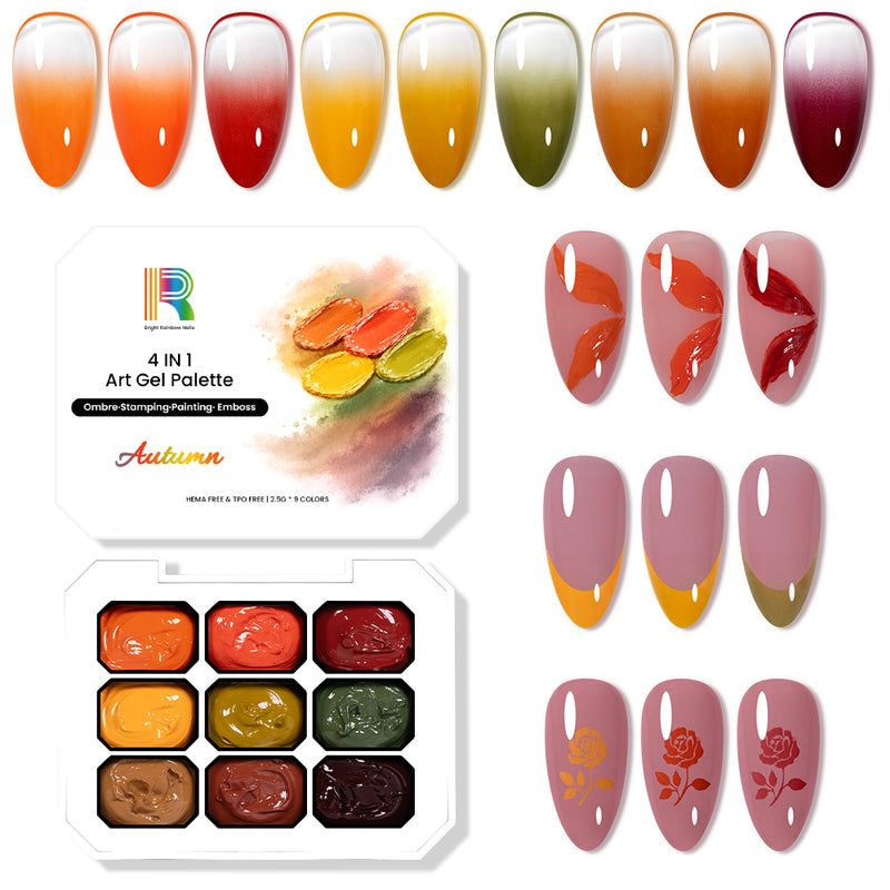 Autumn gel palette for nail art featuring 9 warm tones and four techniques in a sleek compact design.