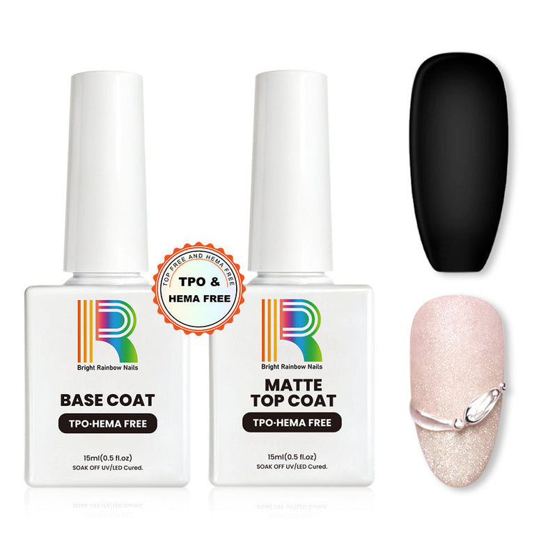 Gel Nail Base & Matte Top Coat Duo with TPO & HEMA Free formula, 15ml bottles, and swatches of finished nails.