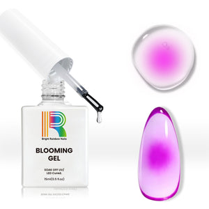 Blooming Gel bottle with Bright Rainbow Nails branding showing crystal clear gel and pink gradient blooming effect samples, 15ml UV LED soak-off gel polish